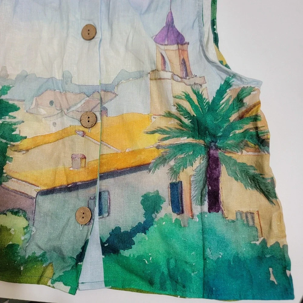 Calypso St. Barth Linen Blend Watercolor Scenic Village Crop Tank Top Med NEW - Picture 9 of 14